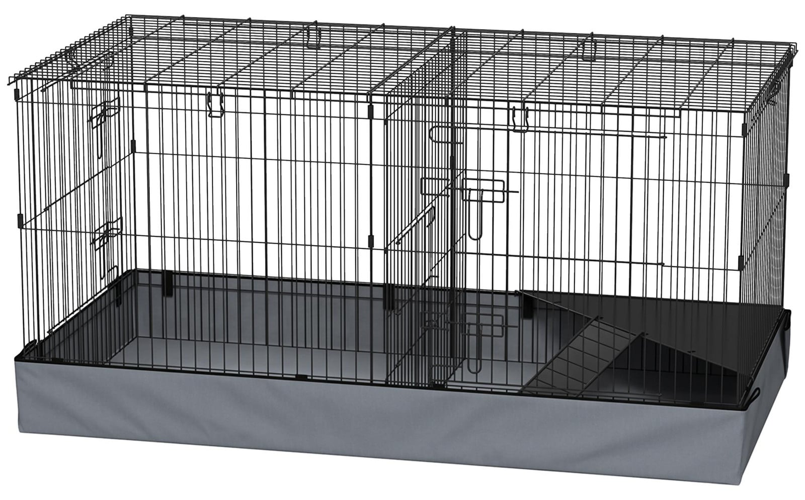 PawHut kooi voor kleine huisdieren met ren, helling en scheidingswand, zwart