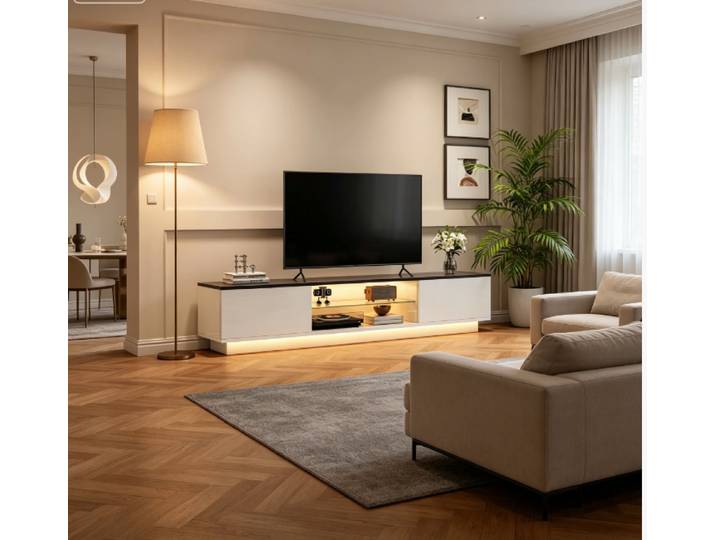 Meuble TV Rosahqnda avec éclairage LED, pour téléviseurs jusqu'à 75 pouces, meuble TV brillant avec grand espace de rangement, 2 portes et étagère en verre, meuble TV pour salon, chambre à coucher,