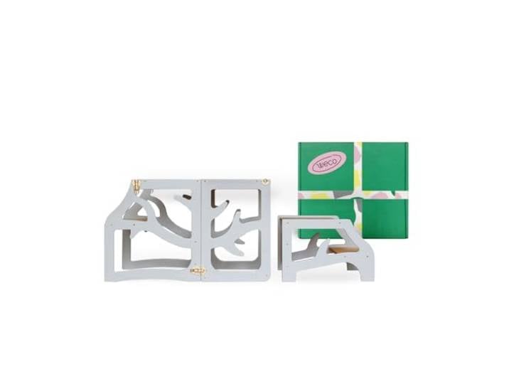 WECO 3-in-1 Kinder Lernturm mit Tisch & Tritthocker, Faltbarer Montessori Küchenhelfer aus Birkenholz, Sicherer Lernturm für Kinder mit Sicherheitsverschluss, 88 cm (Grau)