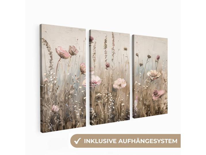 MuchoWow Leinwandbild - 3er Set - Blumen - Beige - Modern - Rosa - 60x40, Ecru, Textil, Kiefer, Rechteckig, 60x40 cm, Keilrahmen, Bilder & Rahmen, Bilder, Wandbilder