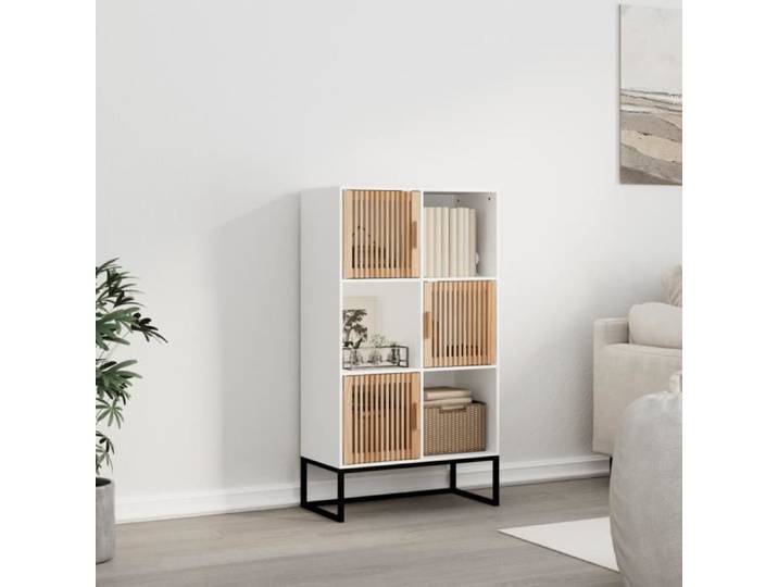 Buffet haut - AKOZON - 70x35x125 cm - Bois d'ingénierie - 3 portes - Style scandinave