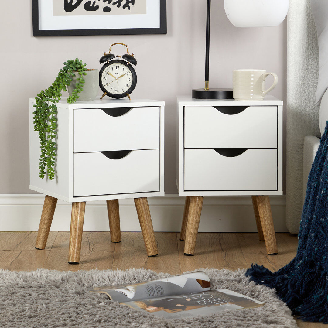 Norden Home Clarinda Pair of 2 Drawer Scandi Bedside Table Units White 45cm H X 30cm W X 30cm D