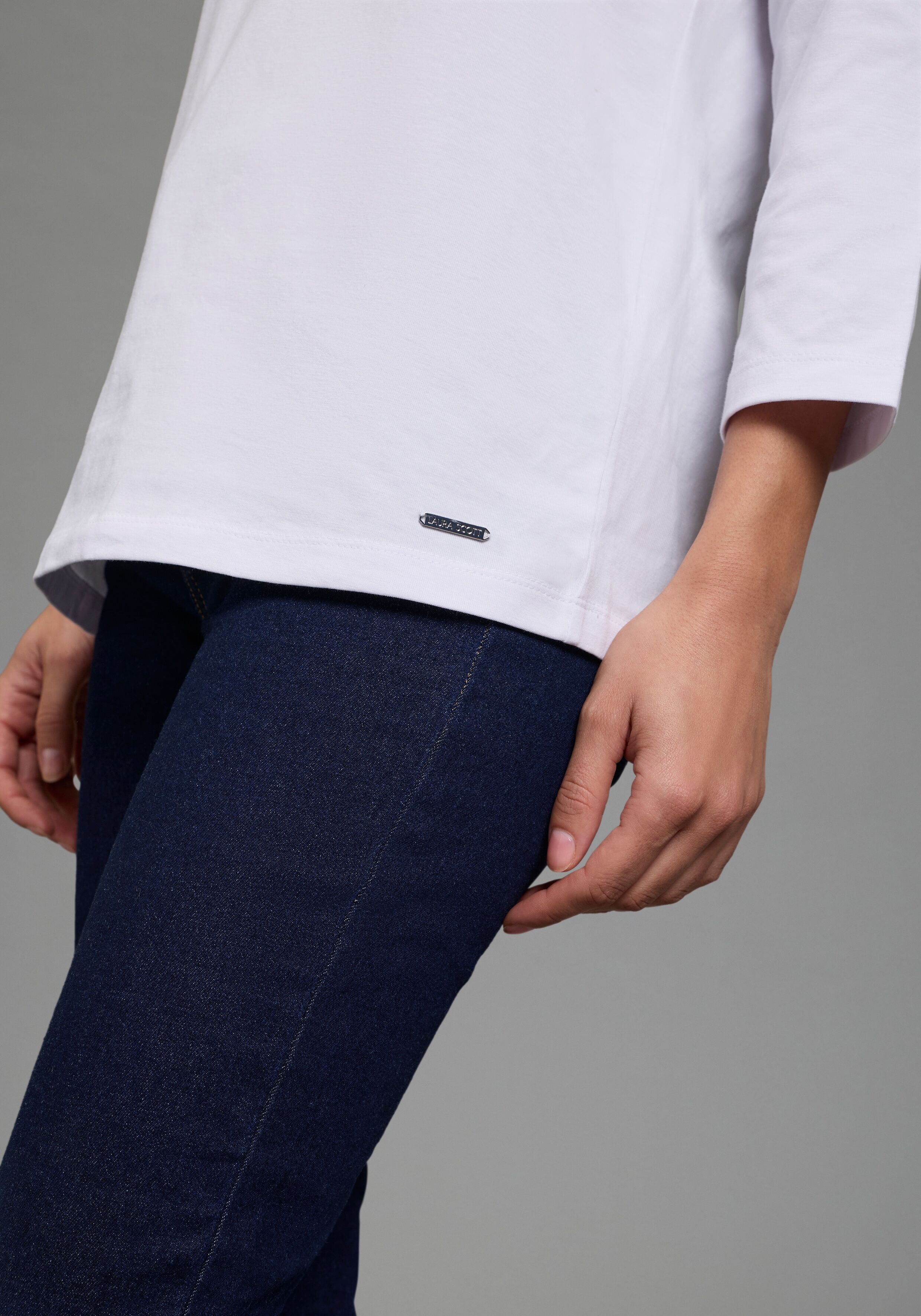 3/4-Arm-Shirt LAURA SCOTT, Damen, Gr. 36/38, weiss (weiß), Single Jersey, Obermaterial: 95% Baumwolle, 5% Elasthan, unifarben, Basic, Basic hüftbedeckend, U-Boot-Ausschnitt, Shirts 3/4-Arm-Shirt, Basic-Stil, 3/4-Ärmellänge, U-Boot-Ausschnitt weiß 36/38