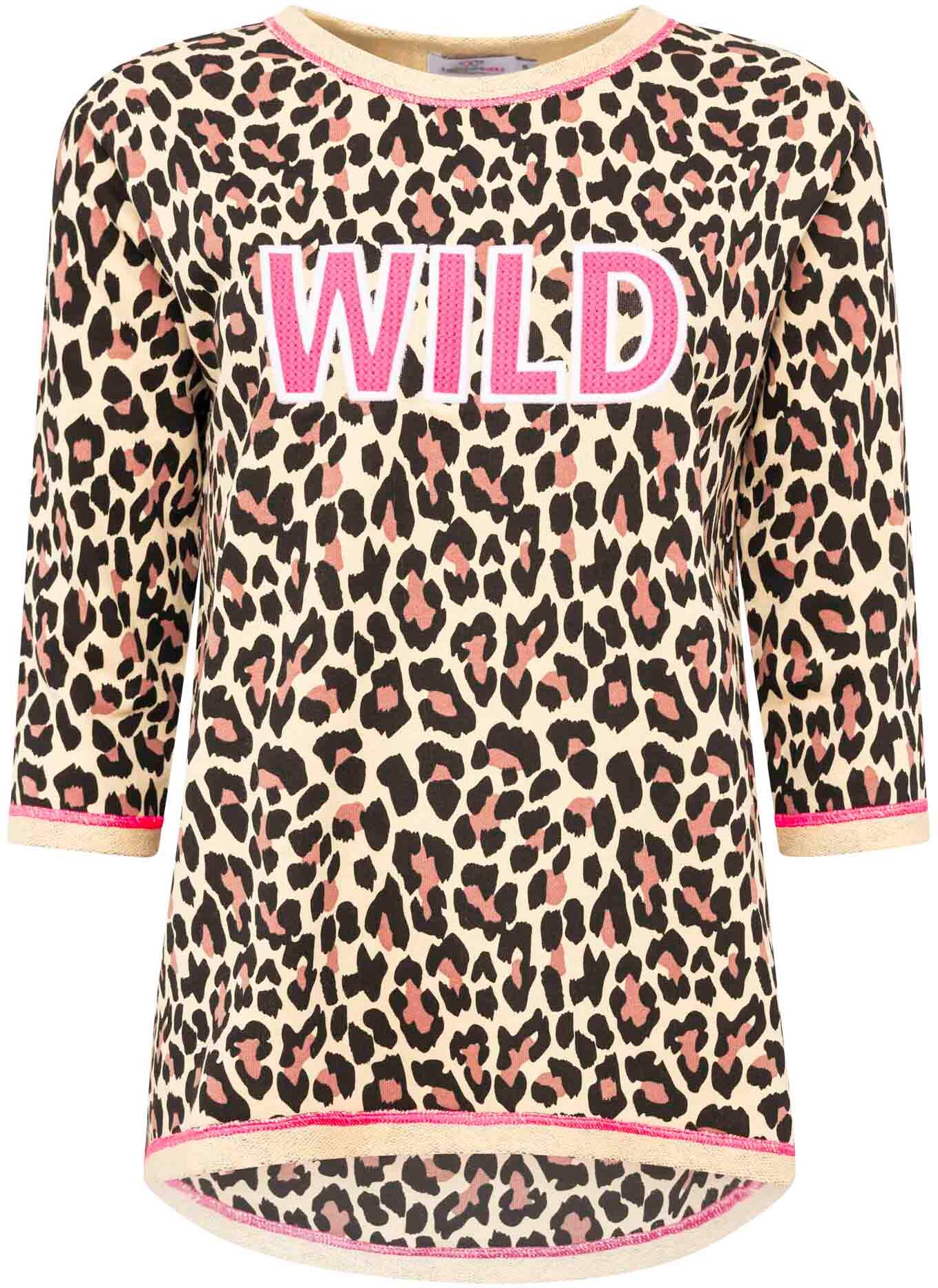 3/4-Arm-Shirt ZWILLINGSHERZ "Wild", Damen, Gr. S/M, beige (hellbeige), angeraute Sweatware, Obermaterial: 50% Baumwolle, 50% Polyester, Shirts 3/4-Arm-Shirt, 3/4 Arm, mit Leomuster und WILD Stickerei hellbeige S/M