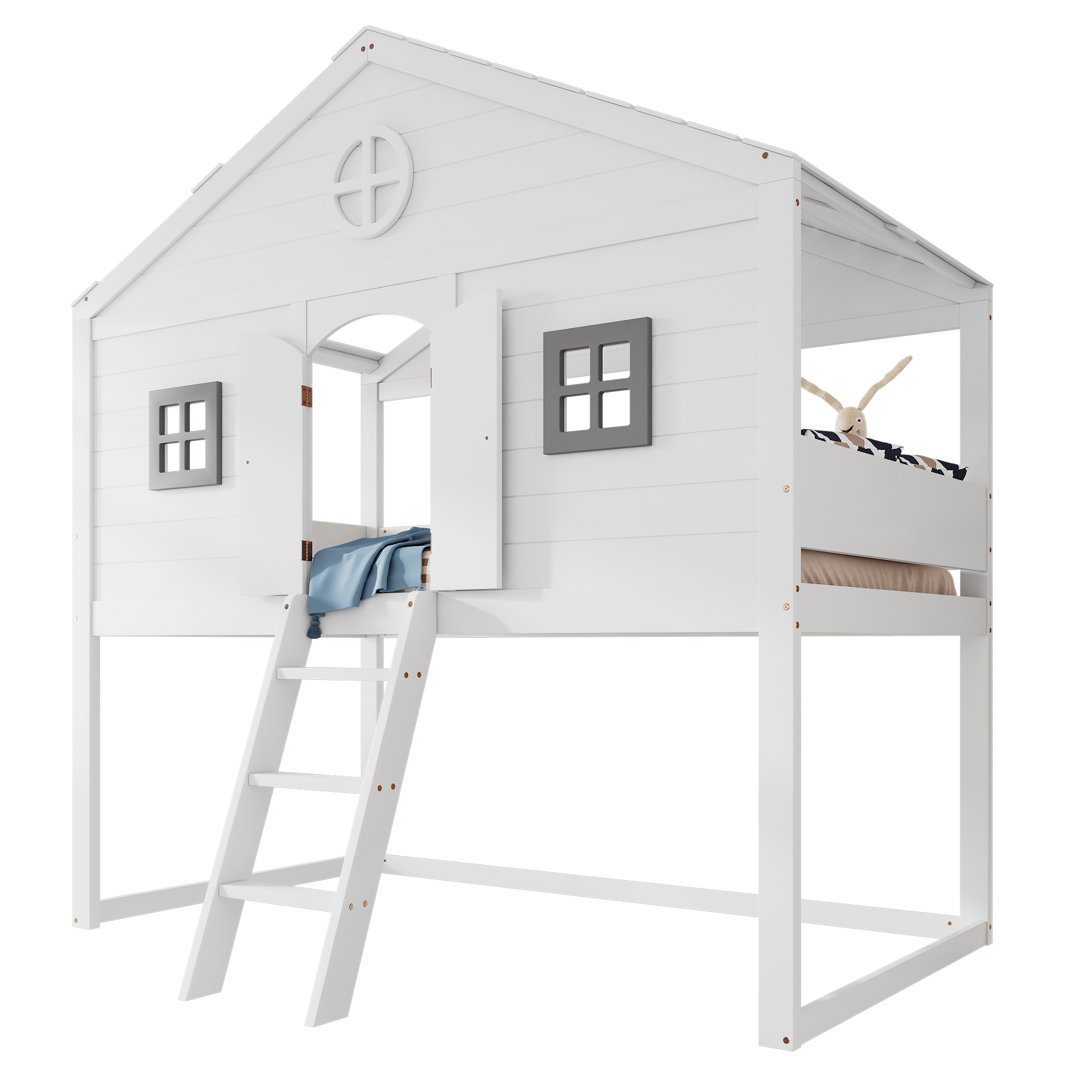 Hausbett, mit Treppe, mit Fallschutz und Gitter, Zwei graue Fenster, Kinderbett mit Fenster, Frei gestaltetes Unterbett, Rahmen aus Kiefer,