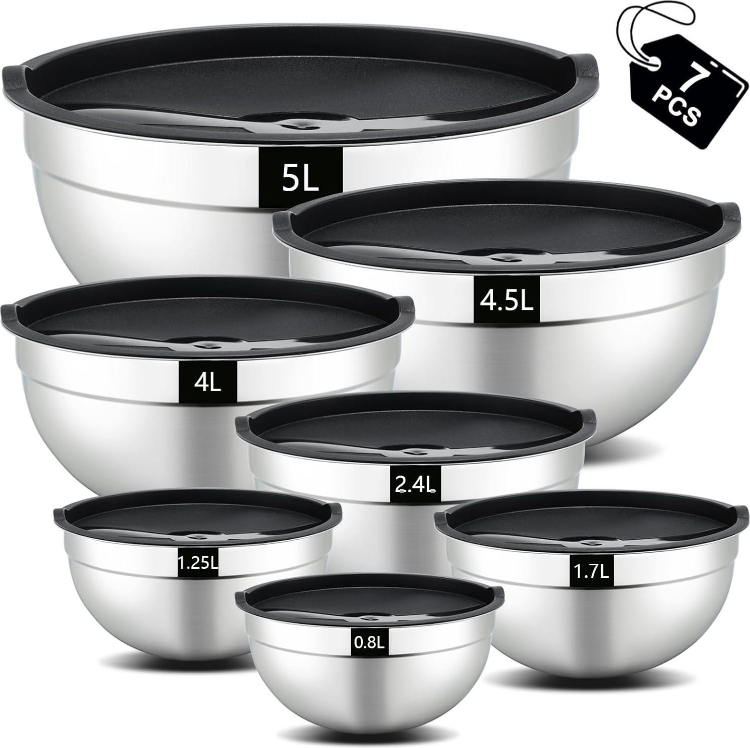 Set van 7 RVS mengkommen met deksels, stapelbare saladeschalen voor in de keuken