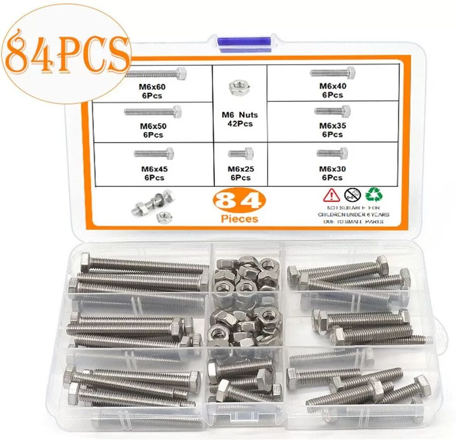 INF Kit d'assortiment de 84 boulons et écrous hexagonaux M6 - Acier inoxydable