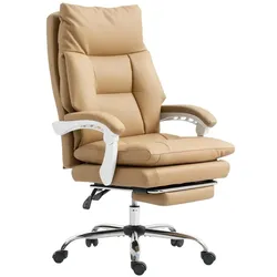 OKWISH Bürostuhl ergonomisch Hellbraun 65x76x121 cm mit hoher Rückenlehne Lendenstütze klappbaren Armlehnen Fußstütze und 135 Grad Neigung