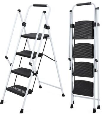 4-Step Light Folding Ladder, Wide Anti-skid Pedal & Safety Handle, Steel Ladder, Multi-purpose Ladder - 54.33”H