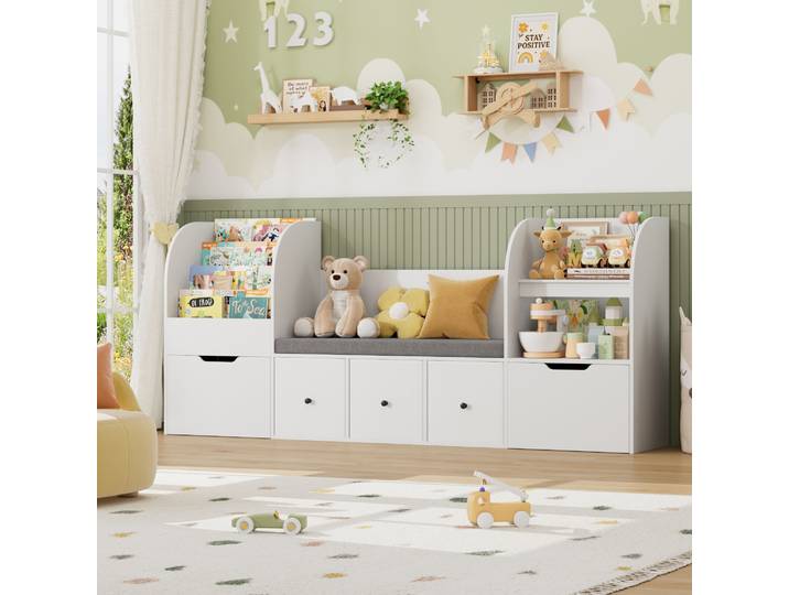 Getone 180.5cm Meuble Rangement Enfant Bibliothèque Enfant avec Banc Meuble de Rangement pour Chambre d’Enfants avec 6 Étagères 5 Tiroirs Rangement Rangement Jouet Enfant Salle de Jeu 180.5x35x80 cm
