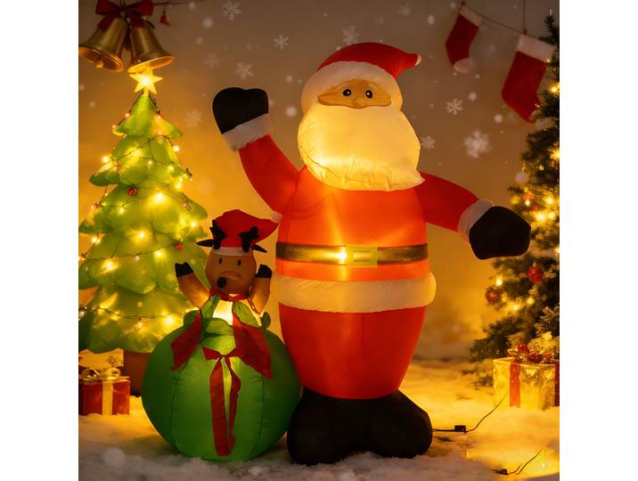 Père Noël gonflable de Noël de 6 pieds + renne qui écoute du sac du Père Noël - Décoration de cour gonflable éclairée, festive en plein air