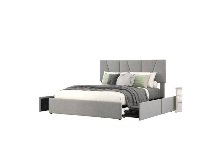 OKWISH Bett Double Size Polster Plattform Bett, gepolstertes Bett (mit vier Schubladen auf zwei Seiten,Verstellbares Kopfteil, 140*200cm), Ohne Matratze