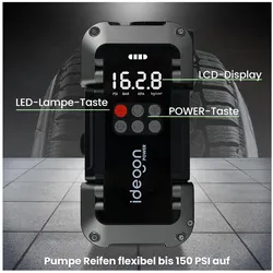 Ideoon, Starthilfe, Leistungsstarke 2in1 Kfz-Starthilfe und Kompressor – Zuverlässige 18.000mAh Powerbank (3750 A, 18000 mAh)