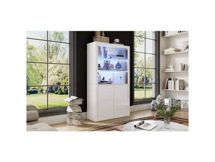 Buffet - SOGEU - 100x40x170 - Brillant - Éclairage LED intégré - Vitrine en verre trempé