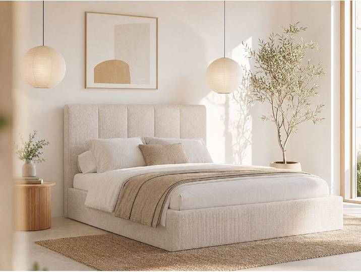 Bett mit Bettkasten & Kopfteil mit vertikalen Ziernähten - 160 x 200 cm - Stoff - Beige - KILACLO