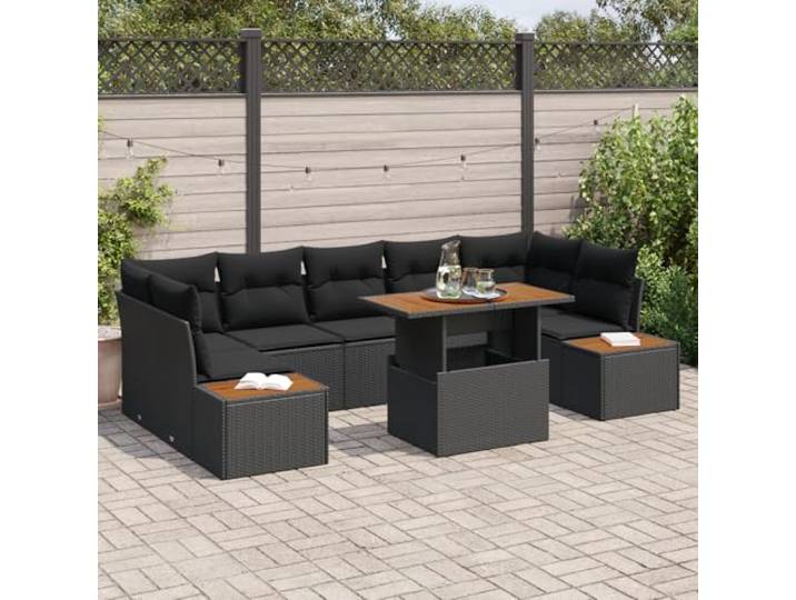 HEFZGDB 8-teiliges Garten Esszimmer Set mit Kissen Schwarz Poly Rattan Akazie Outdoor Möbel für Terrasse Balkon Dieses 8-teilige Garten Esszimmer Set bietet EIN tolles Erlebnis