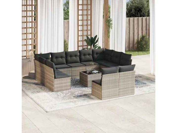 ZQQLVOO 12-TLG. Poly Rattan Sofagarnitur Hellgrau Mit Kissen Modulares Design, Dicke Polster, Abnehmbare Waschbare Bezüge, Glastischplatte