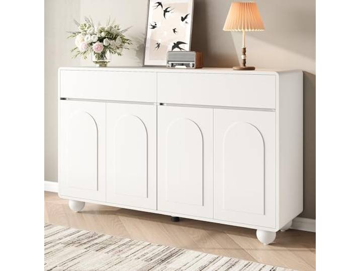 RAPRAP 140cm Sideboard mit Bogenform, 4 Türen & 2 Schubladen, Höhenverstellbare Regale, Metallkugelfüße, Pflegeleicht, Modernes Design Sideboard für Wohnzimmer, Küche oder Flur,Weiß,B