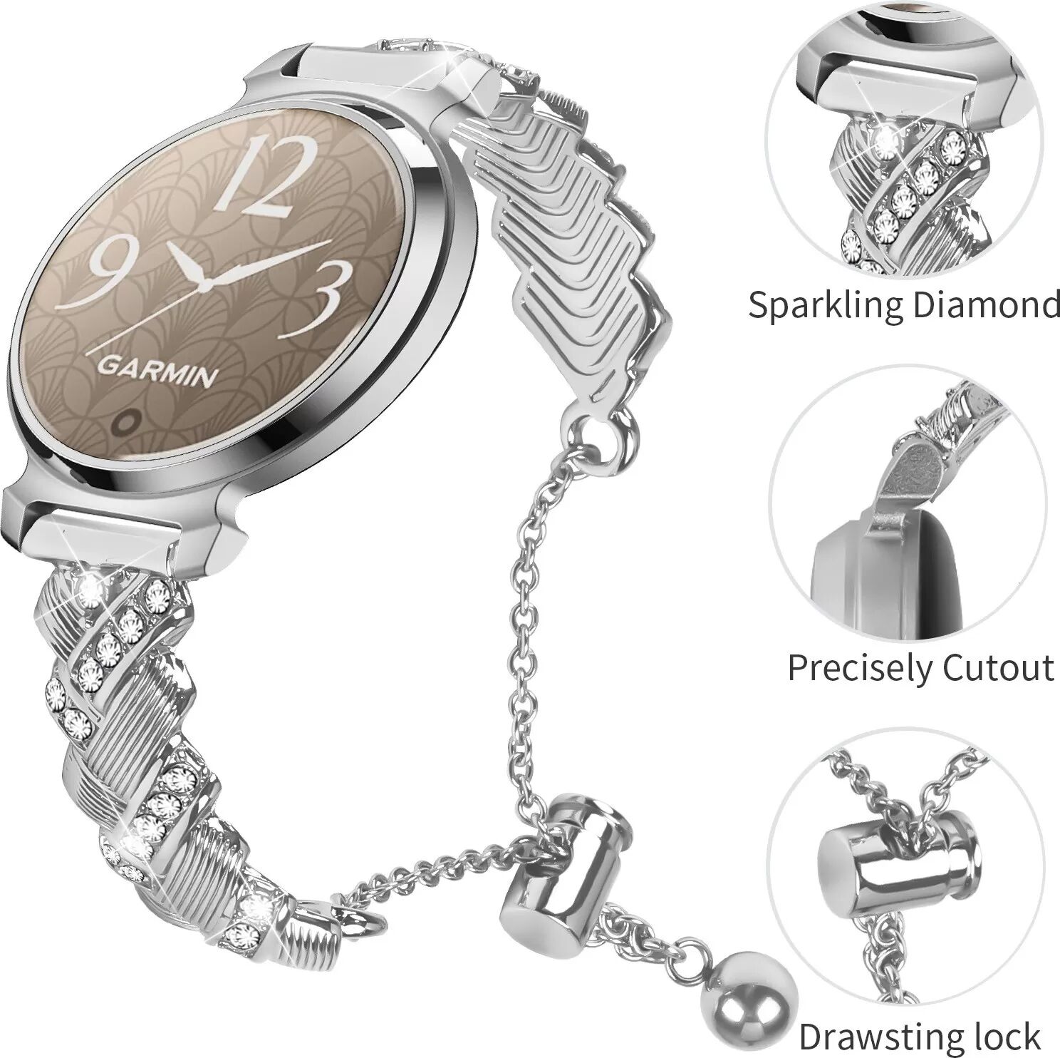INF Garmin Lily 2 Kompatibles Herz-Diamant-Armband - Stilvolles Halbreif aus Zinklegierung Silber