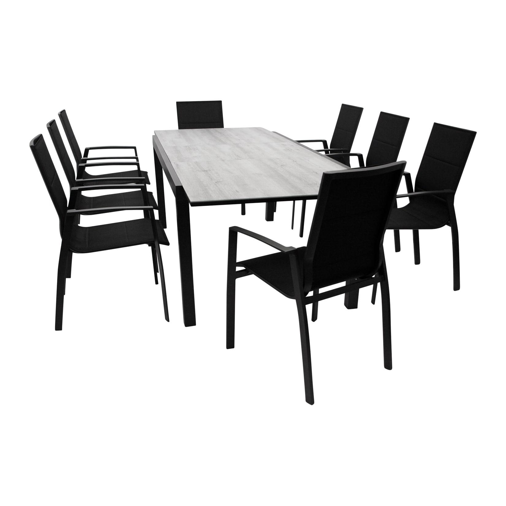 Garnitur FARO 9-teilig, Aluminium anthrazit + Glas + Kunstgewebe schwarz