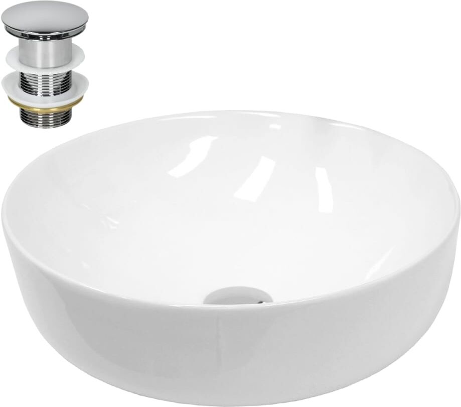 ECD Germany Lavabo blaco redondo de cerámica con desagüe plateado