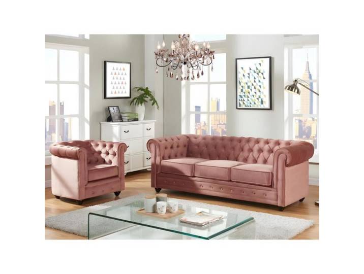Canapé 3 places et fauteuil CHESTERFIELD - Velours rose pastel