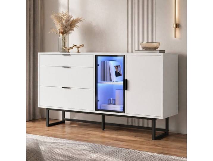 Buffet vitrine moderne 3 tiroirs avec éclairage LED - LPOSPI - verre métal noir blanc mat 160 × 36 × 78 cm
