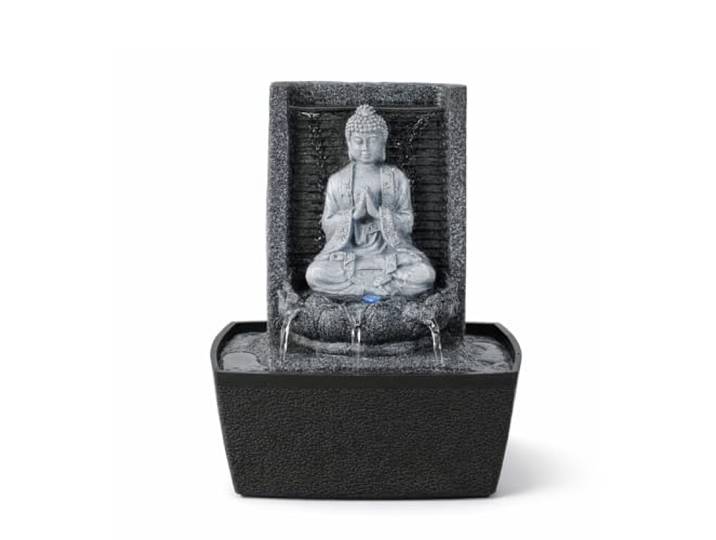 Fontaine d’Intérieur Bouddha Mur d’Eau Cascade Lotus Lumière LED Blanc – Déco Zen Salon Chambre Feng Shui - Fontaine de Table Circuit fermé - Cadeau Utile– H 26cm – Nirvana Zen’Light