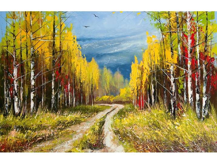 Fototapete PAPERMOON WALD-WEG-MALEREI HERBST LANDSCHAFT GEBIRGE BLUMEN NATUR , bunt, B:4,5m L:2,8m, Vlies, Tapeten, Fototapete