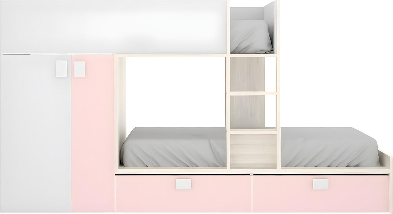 Etagenbett mit Kleiderschrank - 2x 90 x 190 cm - Weiß, Naturfarben & Rosa - JUANITO