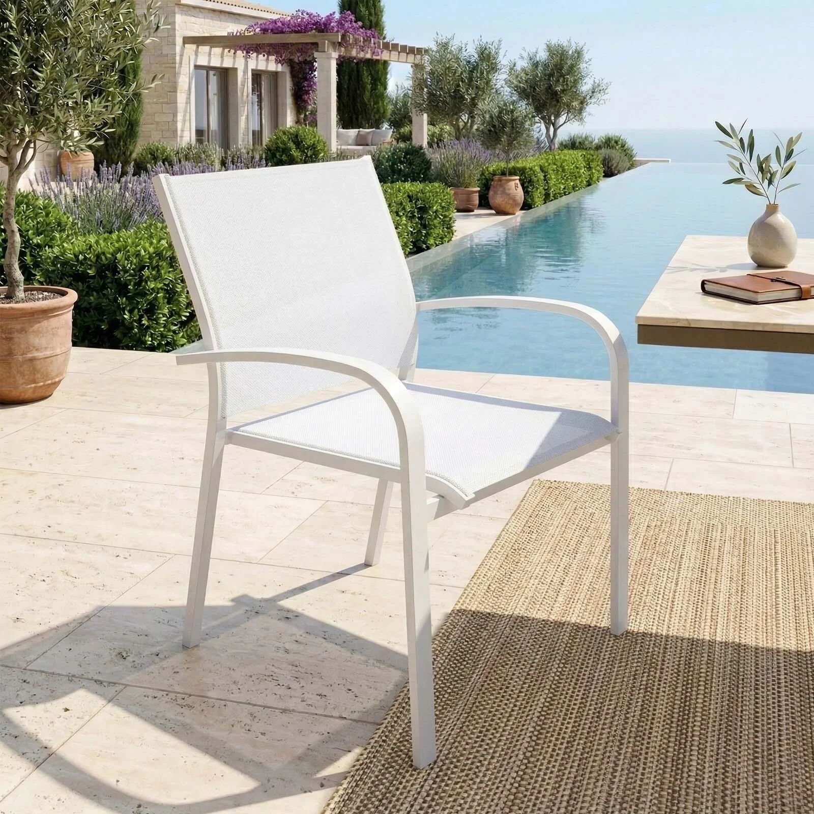 garneroarredamenti Sedia da giardino impilabile con braccioli tondi in alluminio e textilene bianco Brezza