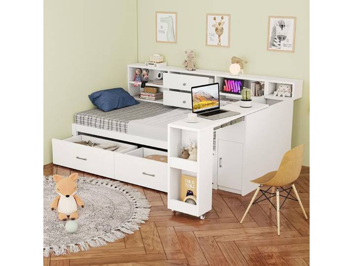 Lit 90×200 cm combiné blanc en bois avec rangement multifonctionnel tiroirs bureau coulissant pour adolescent