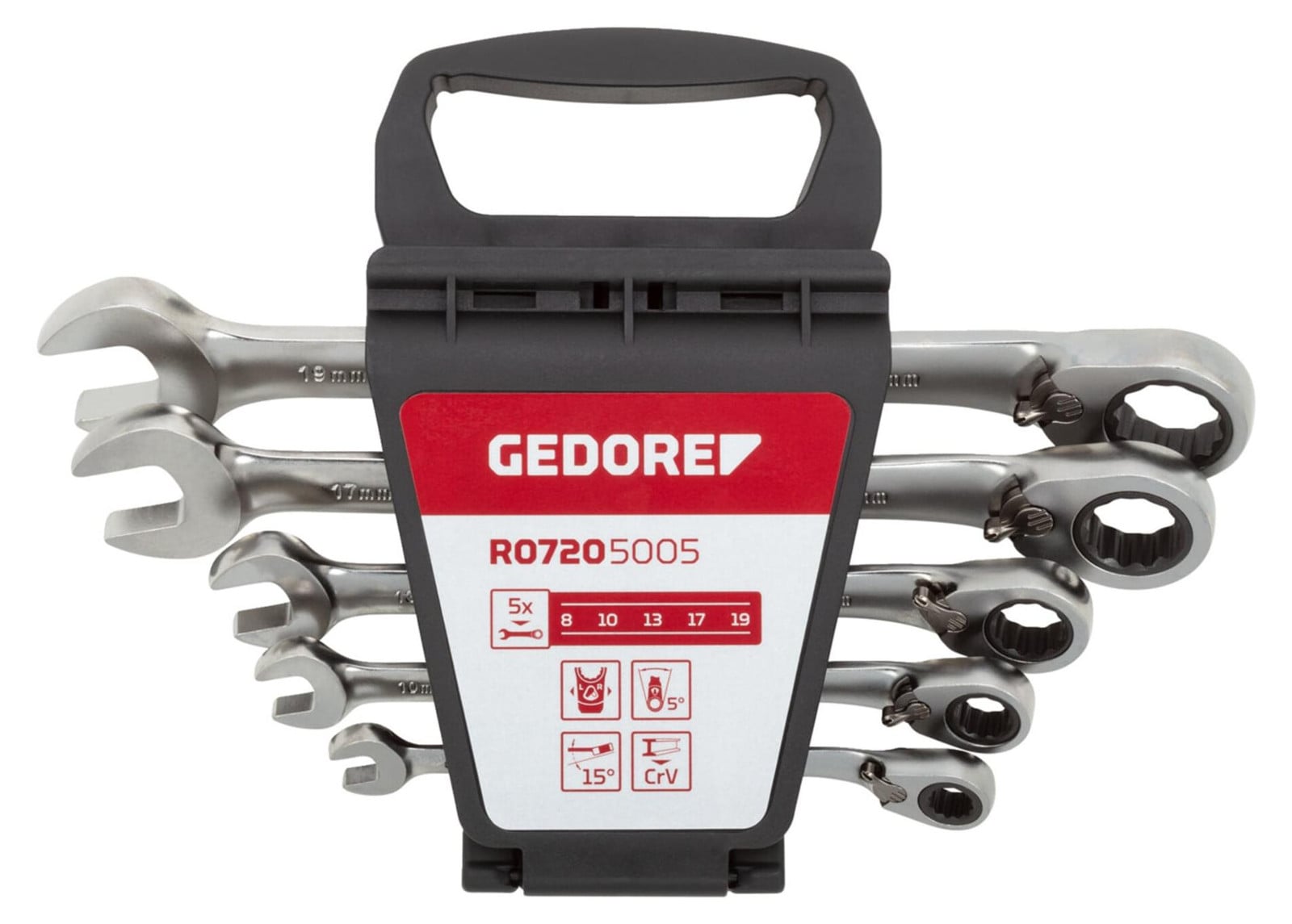 Gedore set van 5 rode ringratelsleutels, maten 8-19 mm