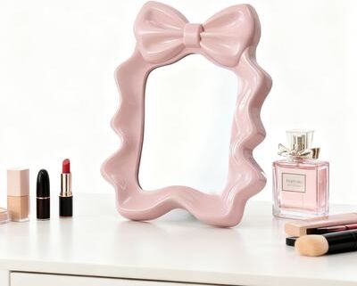 Fusion Finds Cute Desktop Makeup Mirror With Bow Design Decorative Vanity Mirror For Bedroom & Dorm Desk pink
