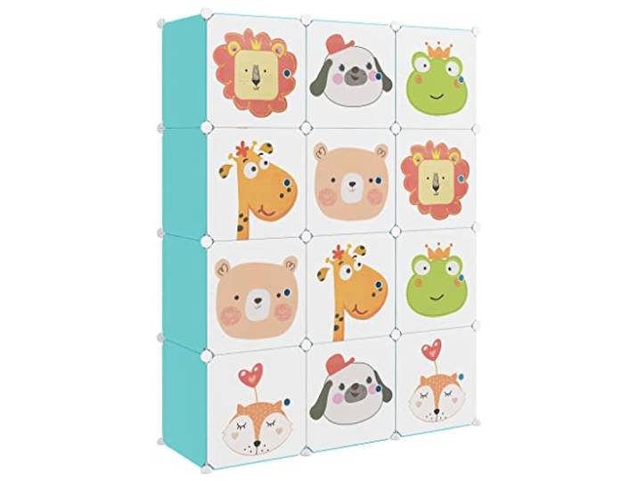 RJPLMFV Kleiderschrank für Kinder, 12 Würfel, Polypropylen, Grün PP-Kunststoffplatten, Stahlrahmen, Cartoon-Design, maximale Belastung 10 kg pro Würfel, einfache Montage