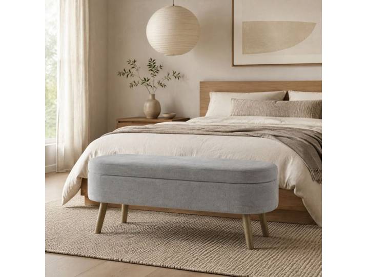 Banc de rangement ovale avec 20L de rangement et charnière amortie - MODENVIE - chenille bois massif gris