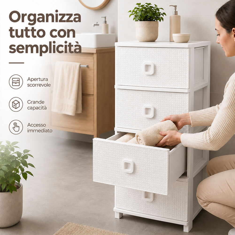 giordanoshop Cassettiera 37x37,5x80 cm Pratika Kool Multiuso con 4 Cassetti in Plastica Bianco...