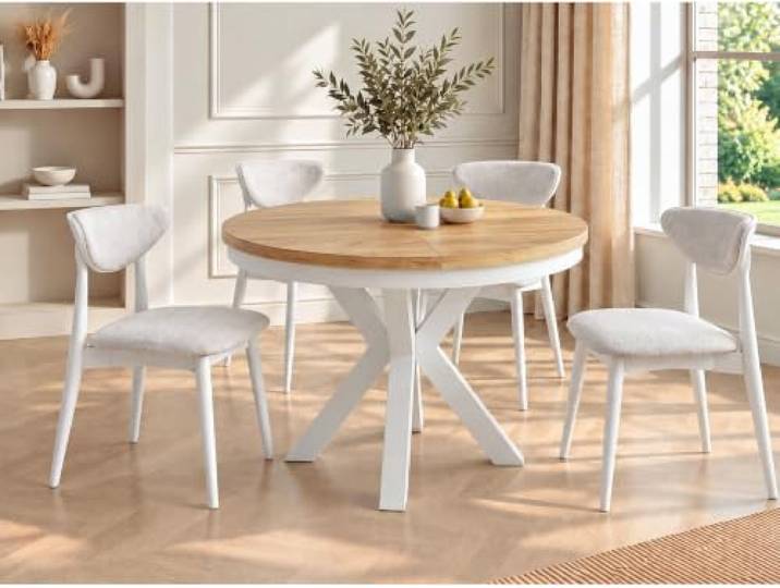 WFL GROUP Runder Ausziehbarer Esstisch im Loft-Stil - Industrieller Tisch mit Weißen Metallbeinen - Platzsparender Tisch für Wohnzimmer - Craft Eiche - 120 bis 200 cm