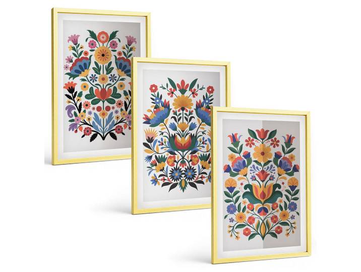 Tulup Bilder SET 3er Set - 40x60 cm Goldrahmen - Blumenmuster in intensiven Farben, Goldfarben, Kunststoff, Rechteckig, 40x60 cm, einfache und schnelle Anbringung, Bilder & Rahmen, Bilder