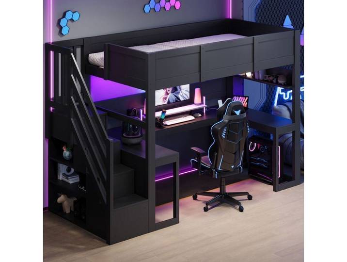 MEUBLIV Lit mezzanine gaming 90 x 200 cm noir avec bureau escalier rangement LED et USB