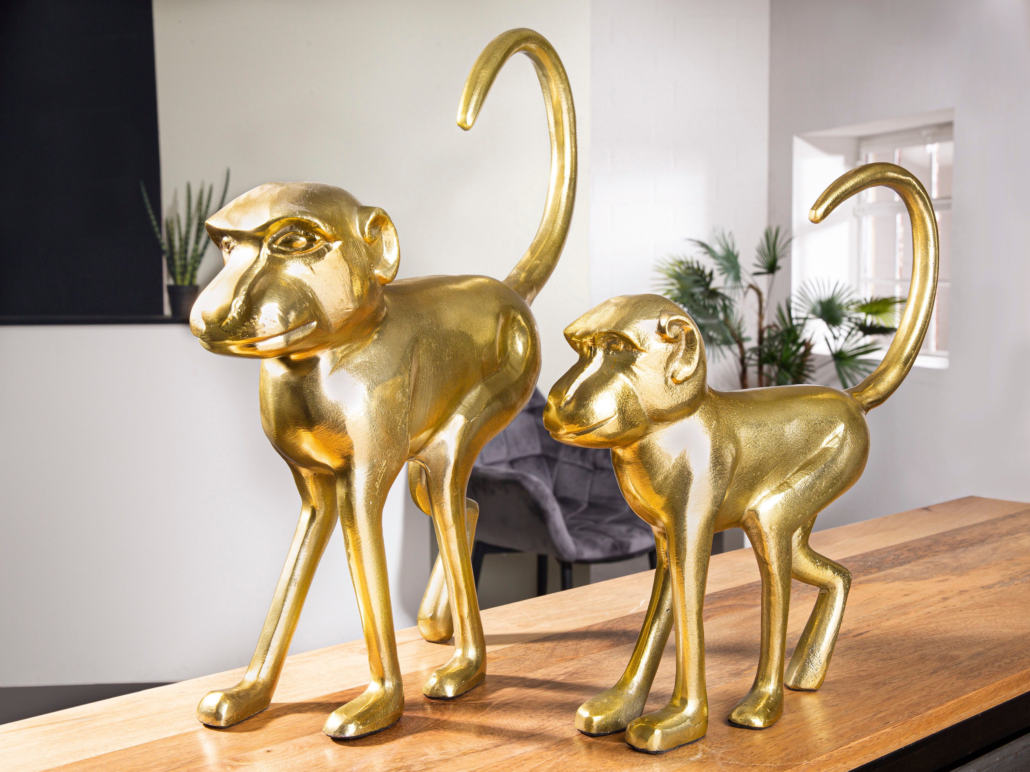 Tierfigur GILDE "Skulptur Monkey", gold (goldfarben), B:41cm H:45cm T:11cm, Aluminium, Dekofiguren, Tierfigur