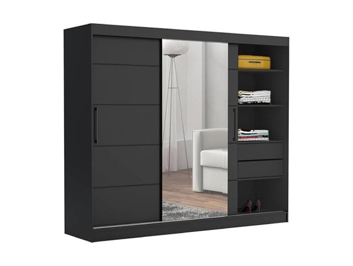 Brent - Kleiderschrank mit Spiegel und Schubladen 235cm Breit Chelsea Tomy, Schwebetürenschrank mit Spiegel, Schlafzimmerschrank, Kleiderschrank Schwarz