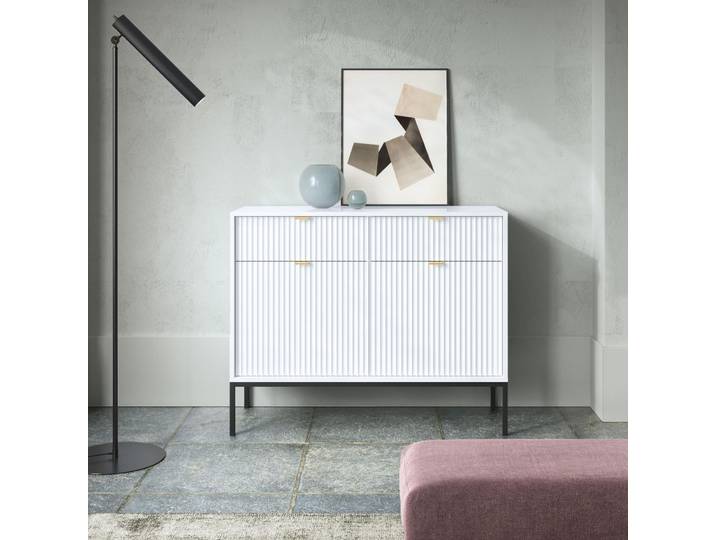 Weiße Moderne Geriffelte Kommode KIOTO K2D2SZ Schwarz Gestell Schrank Sideboard