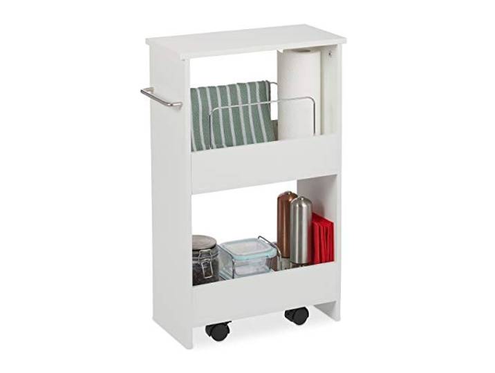 Relaxdays Nischenwagen, 2 Fächer, Nischenregal mit Rollen, 20 cm breit, schmales Regal Bad & Küche, MDF, Rollregal, weiß