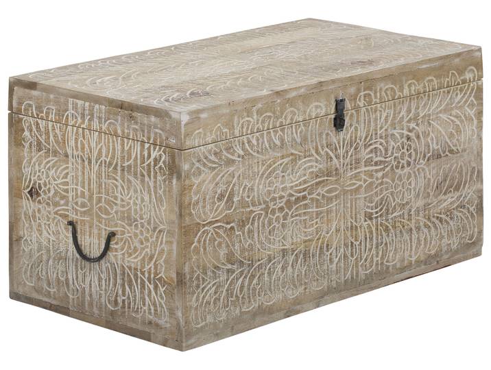Truhentisch GOODPRODUCT Lavin , beige (naturfarben), B:90cm H:45cm T:47cm, Massivholz, Truhen, Truhentisch, Mangoholz, mit dekorativen Schnitzereien, Handgefertigt, Breite 90 cm