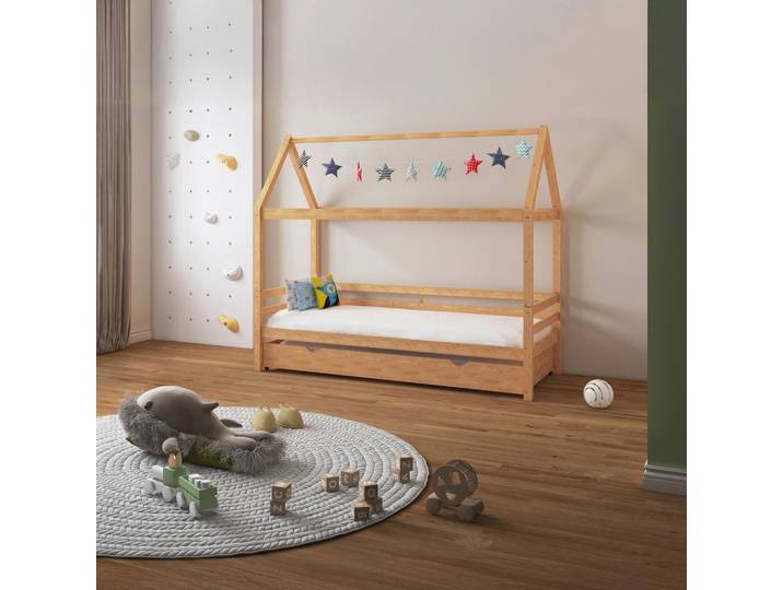Mid.you Hausbett Athen, Natur, Holz, Kiefer, Holz, Höhe ca. 15 cm, 90x200 cm, Kinderzimmer & Jugendzimmer, Kindermöbel, Kinderbetten, Hausbetten