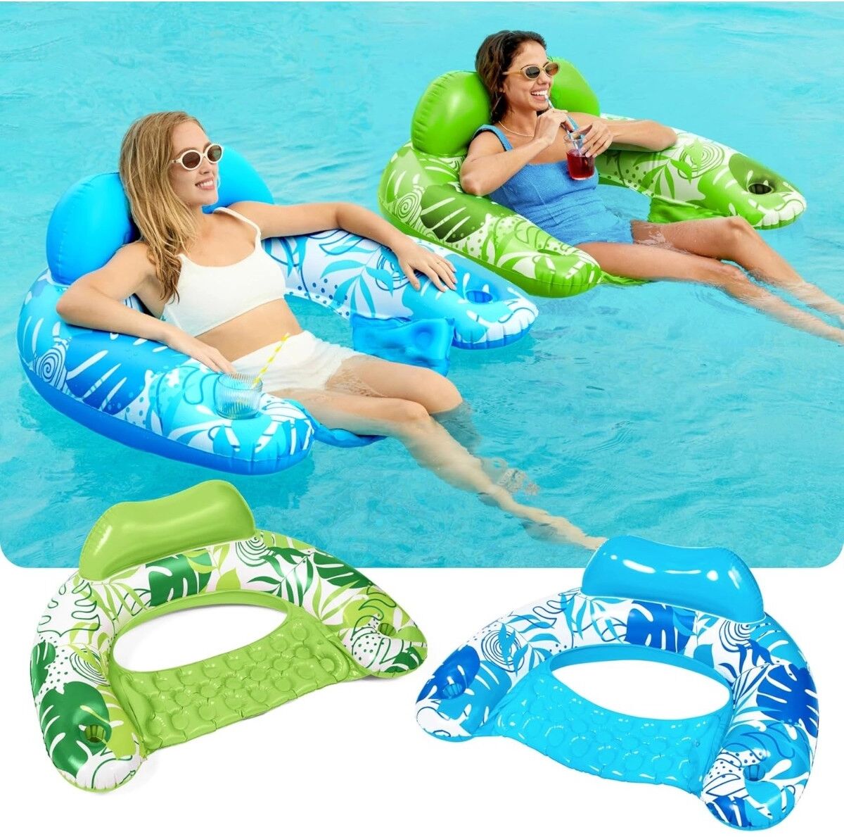 INF Aufblasbare U-förmige Pool-Hängematte 2er-Set – Mesh-Liege für Erwachsene, Komfortable PVC-Pool-Liege in Grün & Blau