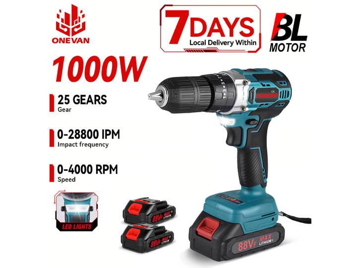 ONEVAN – perceuse électrique sans balais 1000W, tournevis sans fil, perceuse à percussion, outil électrique pour le travail du bois, broche de batterie 18V