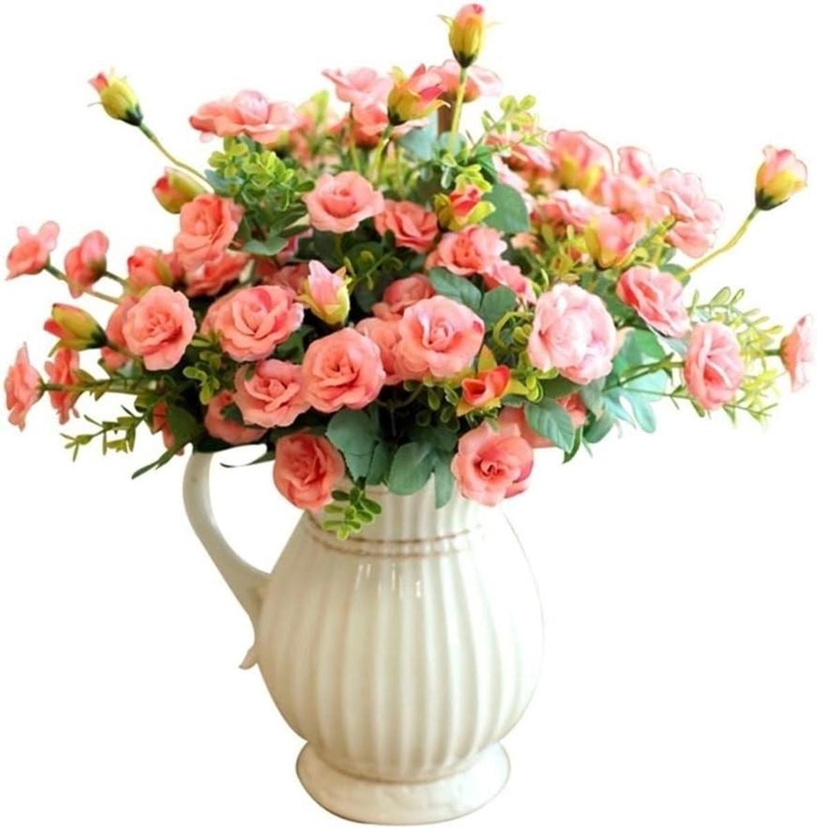 Kunstbloemen Boeket met Rozen en Witte Vaas - Roze