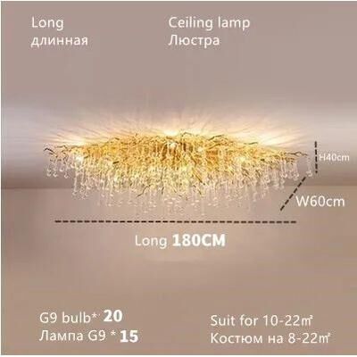 Uplift Treasures Nordic Luxury Gold K9 Crystal LED Chandelier long 180cm gold Body cold White